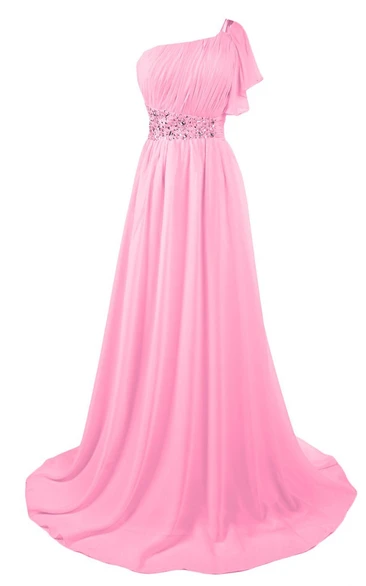 One-shoulder Petal Chiffon A-line Gown With Beaded Band