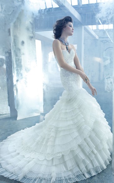 Stunning Lace Bodice Layered Organza Dress With Satin Ribbon