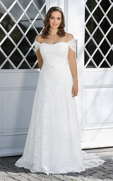 A-Line Floor-Length Off-The-Shoulder Lace Sweep Train  Dress