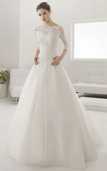 Illusion Bateau Drop Waist Ball Gown With Sash And 3-4 Sleeves