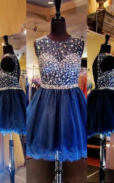 A-line Scoop Sleeveless Rhinestone Short Tulle Dresses