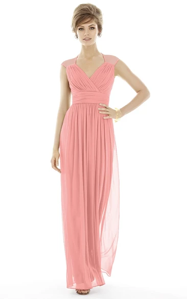 Floor-Length V-Neck Chiffon Gown with Criss Cross Ruching and Waistband