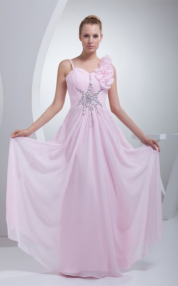Spaghetti-Straps Maxi Ruched Floral Embellishment and Dress With Beading