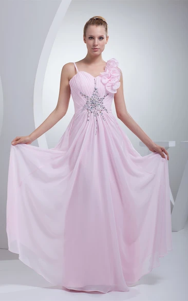 Spaghetti-Straps Maxi Ruched Floral Embellishment and Dress With Beading
