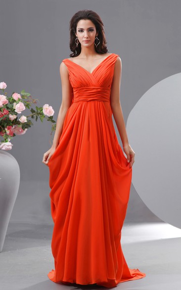 Unique V-Neck Empire Chiffon Long Dress With Draped V-Back