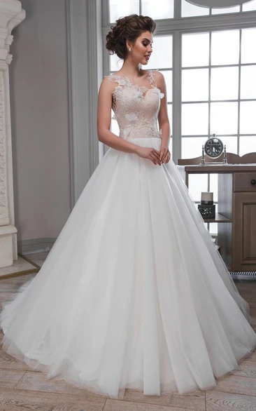 Ball Gown Floor-Length Scoop Sleeveless Illusion Tulle Dress With Appliques And Flower