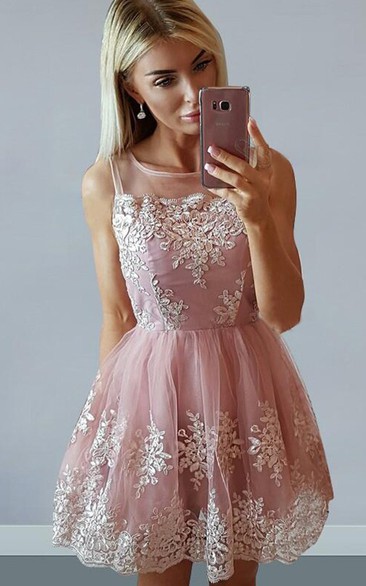 A-line Sleeveless Lace Bateau Zipper Short Mini Homecoming Dress