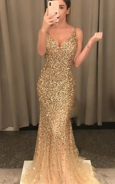 Sexy Trumpet Tulle Floor-length Sleeveless Deep-V Back Evening Dress with Sequins