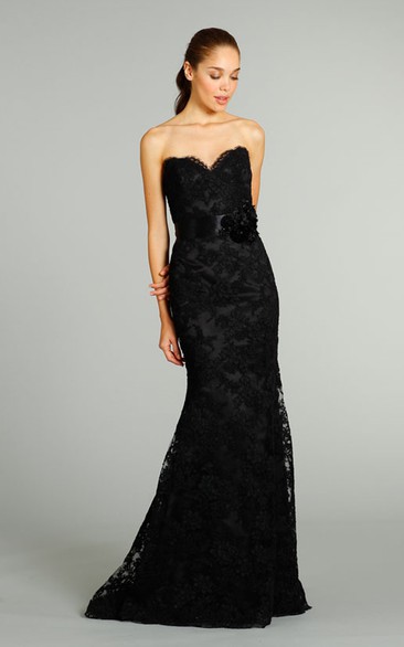 Graceful Sweetheart Neckline Lace Gown With Floral Embellished Satin Ribbon