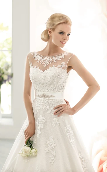 Long Sleeveless A-line Lace Wedding Dress With Beaded Sash 