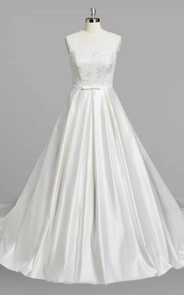 V-Neck Sleeveless A-Line Satin Wedding Dress With Beading