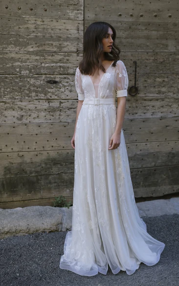 Sexy Tulle Plunging Neck Long Wedding Dress with Sash and Pleats