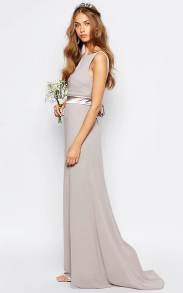 Sleeveless Bateau Neck Ribboned Chiffon Bridesmaid Dress With Brush Train