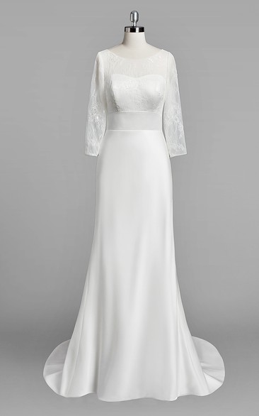 Scoop Neck Long Sleeve Sheath Satin Wedding Dress With Lace Bodice