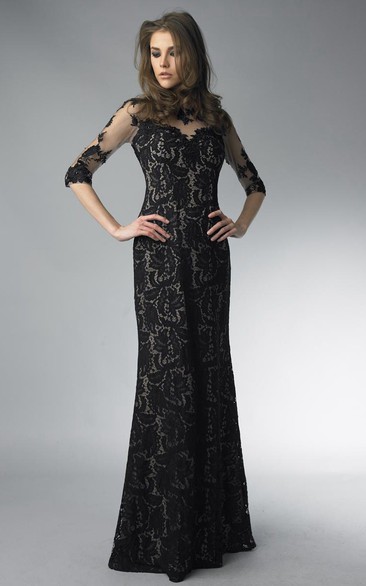 Sheath Floor-length High Neck Long Sleeve Lace Zipper Dress