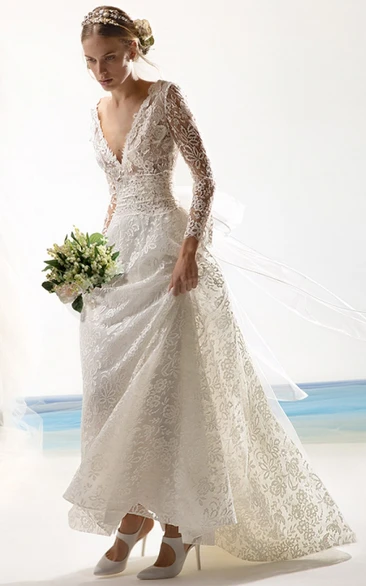 Casual Illusion V-neck A Line Lace Brush Train Long Sleeve Wedding Dress with Bow