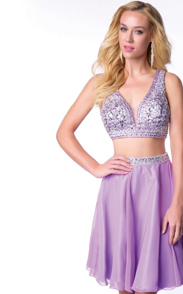 Two-Piece Sleeveless Chiffon Short Homecoming Dress With Bling Bust