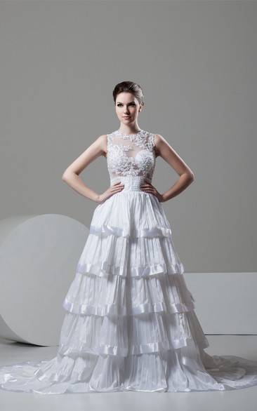 Sleeveless A-Line Tiered Illusion Top and Gown With Appliques