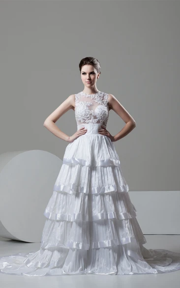Sleeveless A-Line Tiered Illusion Top and Gown With Appliques