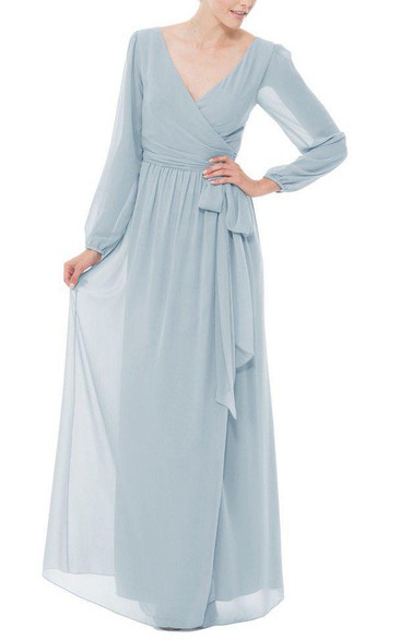 Long Sleeve V-neck Chiffon Long Dress with Bow