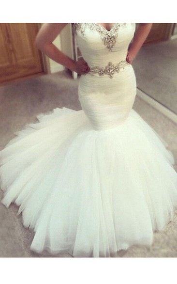 Sexy Sweetheart Sleeveless Country Beads Crystal Waist Tulle Mermaid Wedding Dress