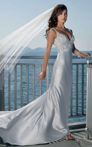 sheath Spaghetti Straps Sleeveless Court Train Elastic Woven Satin Wedding Dress