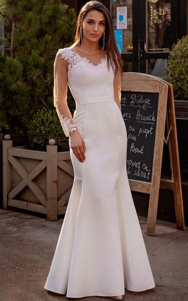 Modern Long Sleeve Floor-length Satin Mermaid Wedding Dress with Appliques