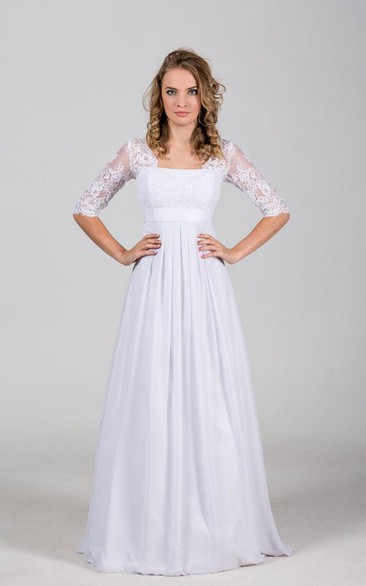 Half Sleeve A-Line Chiffon Dress With Square Neckline and Pleats