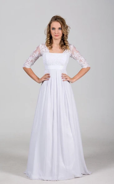 Half Sleeve A-Line Chiffon Dress With Square Neckline and Pleats