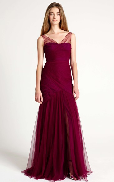 Mermaid Sleeveless V-Neck Ruched Tulle Bridesmaid Dress