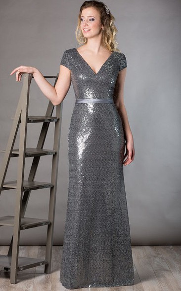 V Neck Short Sleeve Sheath Sequin Long Mother Of The Bride Dress With Satin Sash