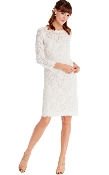 Pencil Long-Sleeve Bateau-Neck Midi Lace Little White Dress