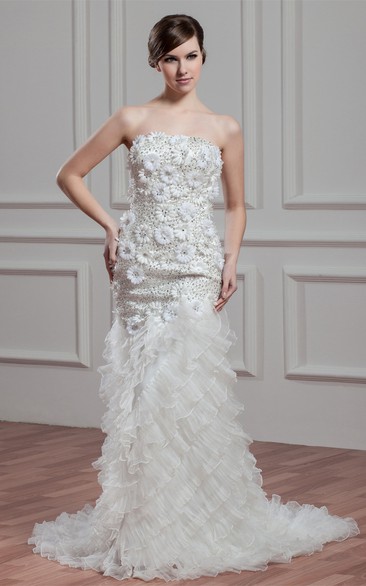 Floral Tiered Floor-Length Sheath Beaded Bodice and Dress With Ruffles