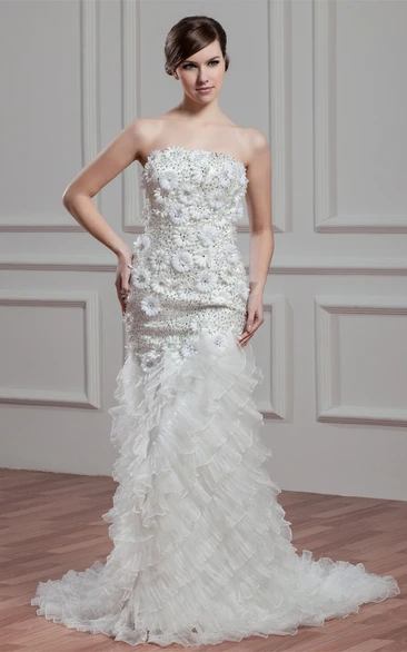 Floral Tiered Floor-Length Sheath Beaded Bodice and Dress With Ruffles