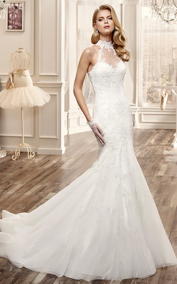 High-Neck Mermaid Lace Wedding Dress With Appliques And Keyhole Back