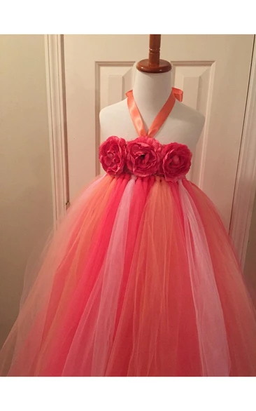 Halter Floral Bodice Empire Tulle Ball Gown With Bow