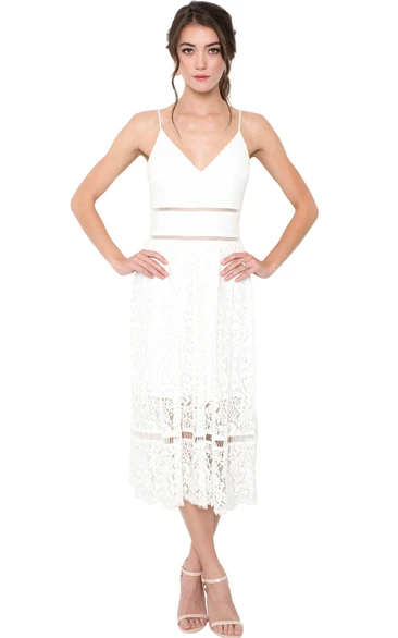 Pencil Tea-Length Spaghetti Sleeveless Lace Little White Dress With Deep-V Back