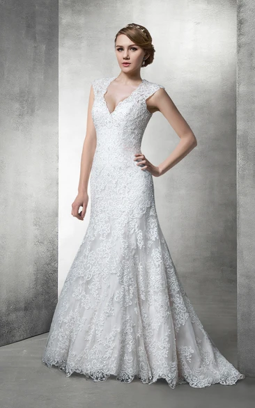 Fit and Flare Lace Wedding Gown With Plunging Neckline