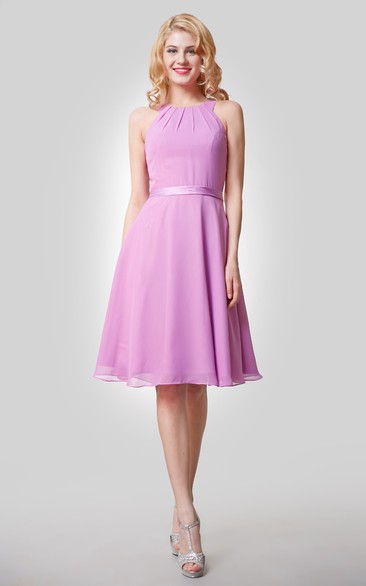 Chiffon Knee Length A-Line Dress With Straps and Satin Bow Sash