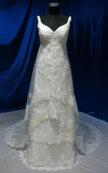 V-Neck Sleeveless A-Line Long Wedding Dress With Lace Appliques