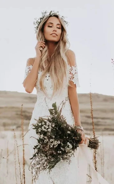 Bohemian Country Style Lace Off-the-shoulder Short Sleeve Wedding Dress