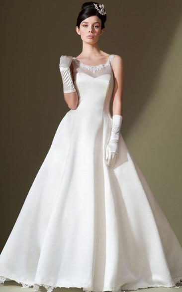 A-Line Appliqued Sleeveless Long Bateau Satin Wedding Dress With Low-V Back