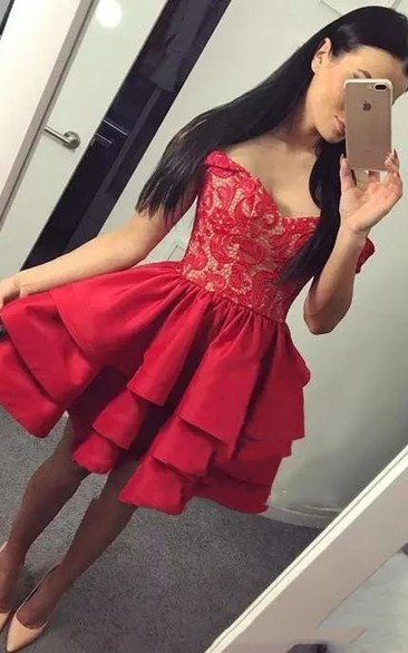 A-line Sleeveless Taffeta Lace Off-the-shoulder Open Back Short Mini Homecoming Dress