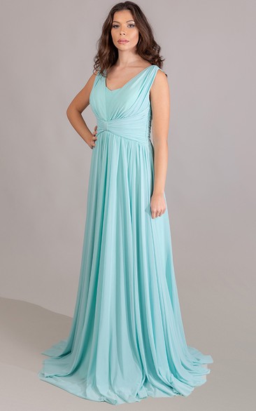 Modern Sleeveless Floor-length Train A Line Chiffon Zipper Evening Dress with Ruching