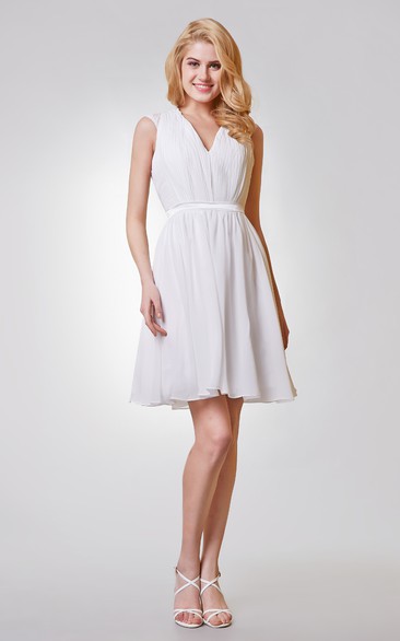 V-neck Appliqued A-line Short Chiffon Dress With Keyhole and Ruching