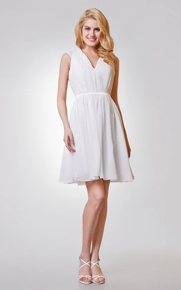 V-neck Appliqued A-line Short Chiffon Dress With Keyhole and Ruching