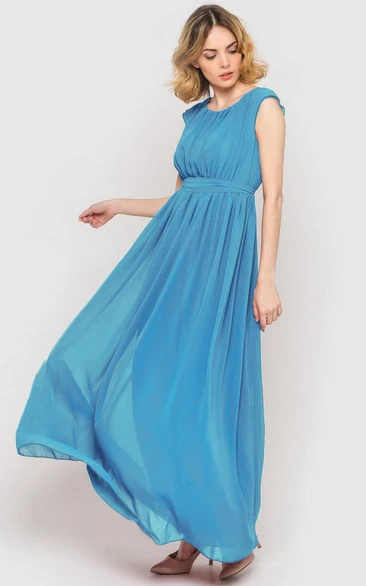 Scoop Neck Cap Sleeve Pleated A-line Chiffon Ankle Length Dress Sky Blue