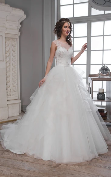 A-Line Long Scoop Sleeveless Deep-V-Back Tulle Dress With Ruffles And Beading