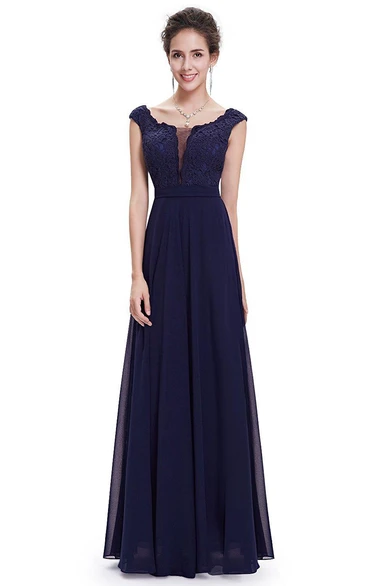 Cap-sleeved Scoop-neck A-line Long Chiffon Dress