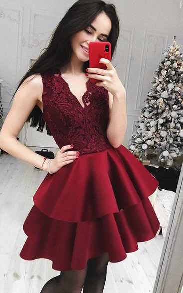 A-line Sleeveless Satin Lace V-neck Short Mini Homecoming Dress